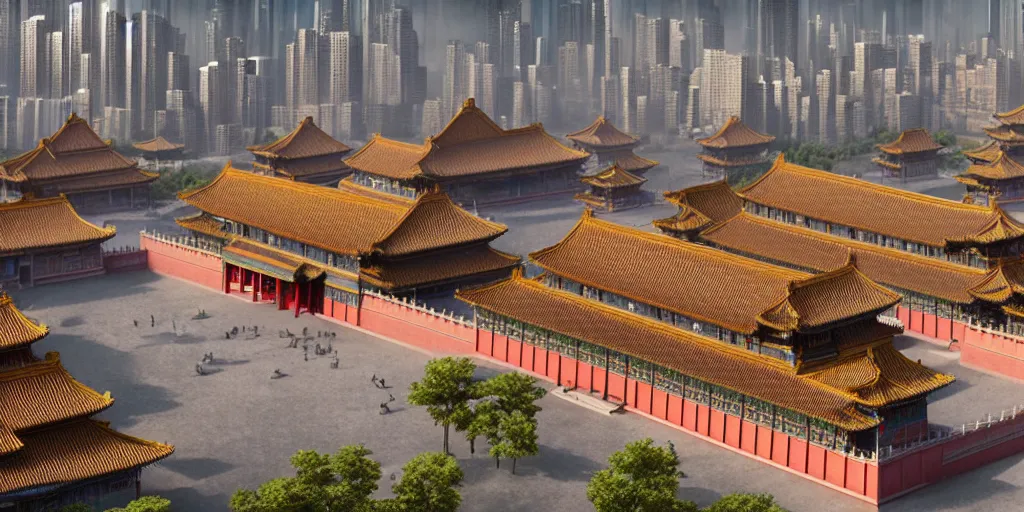 Image similar to a very high resolution image from a new movie, cyberpunk building and forbidden city, front view, photorealistic, photography, directed by wes anderson