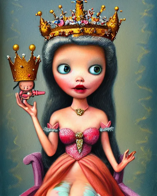 Image similar to closeup profile portrait of a tin toy fairytale princess wearing a crown and sitting on a throne, bikini, hyper realistic, artstation, illustration, concept art by nicoletta ceccoli, mark ryden, lostfish, dan decarlo, bob clampett, max fleischer, digital paint, matte paint, washed colors, dark, gloomy, detailed and intricate environment