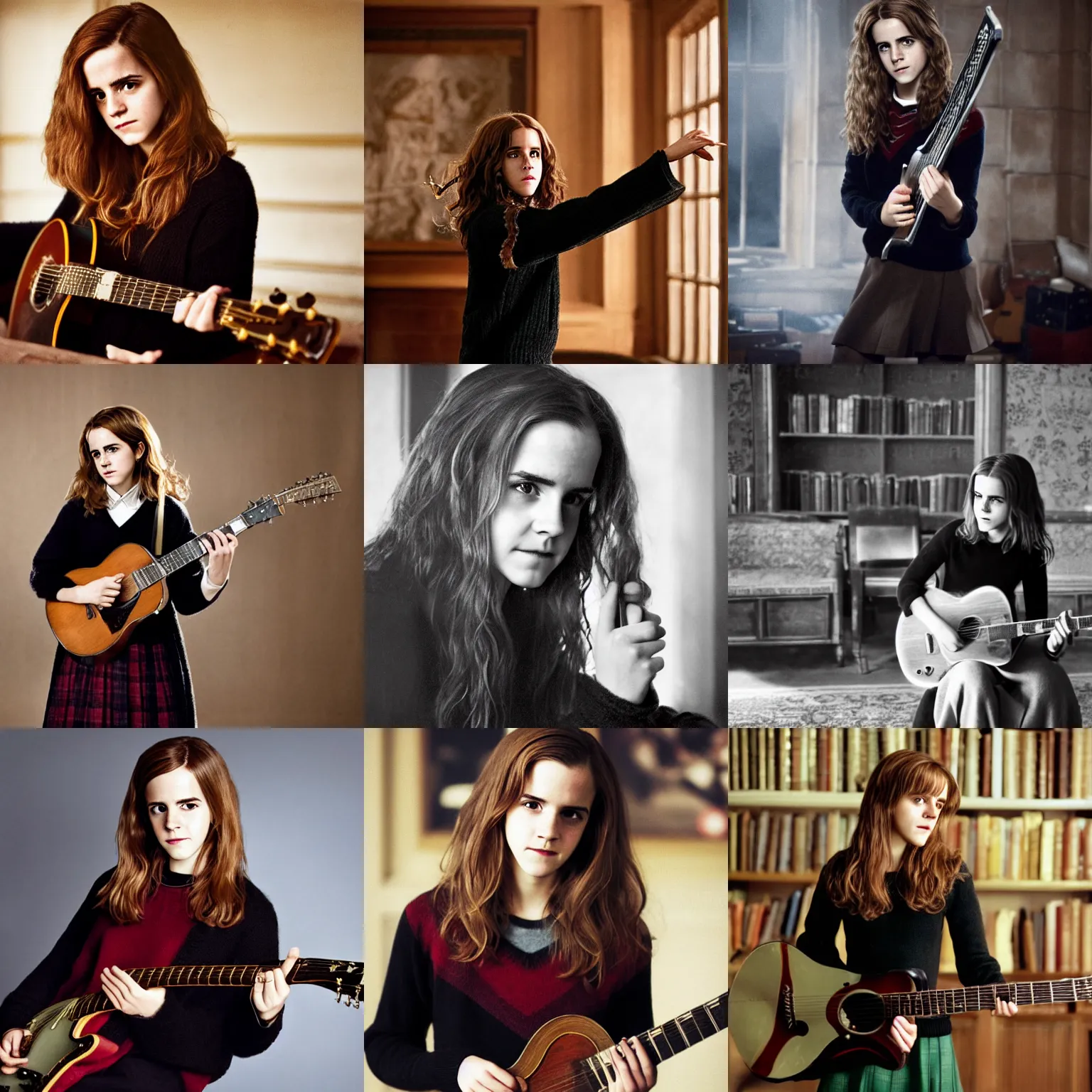 Prompt: Hermione Granger/Emma Watson wearing a black sweater, playing a guitar, in the Gryffindor common room, portrait photo by Hiroshi Yoshida