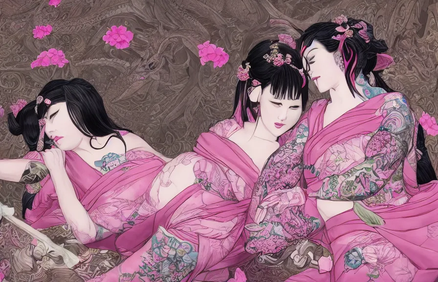Image similar to full body portrait of Geishas lying in pink silk sheets, whole skin covered with dragon and flowers tattoos, D&D, fantasy, highly detailed, digital art, trending on artstation, smooth, sharp focus, illustration, art by artgem