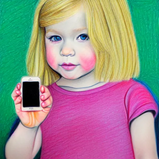 Image similar to 3 year old blonde girl with iphone, colored pencil on white background by eloise wilkin