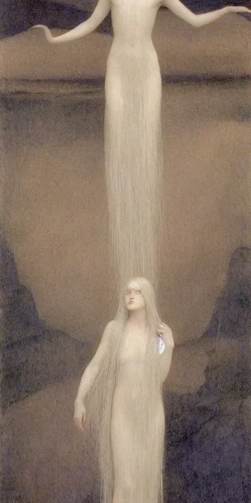Image similar to Say who is this with silver hair so pale and Wan and thin? Beautiful lone single feminine angel in the style of Jean Delville, Lucien Lévy-Dhurmer, Fernand Keller, Fernand Khnopff, oil on canvas, 1896, 4K resolution, aesthetic, mystery