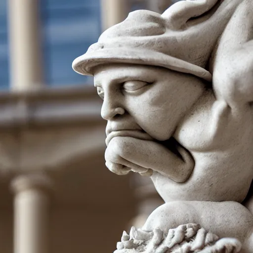 Prompt: marble statue of a gargoyle wearing a baseball hat and sunglasses