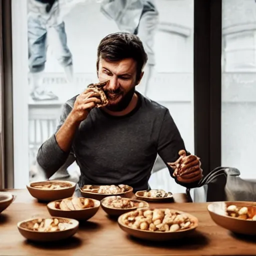 Image similar to man eating many bowls of rich as people around him panic