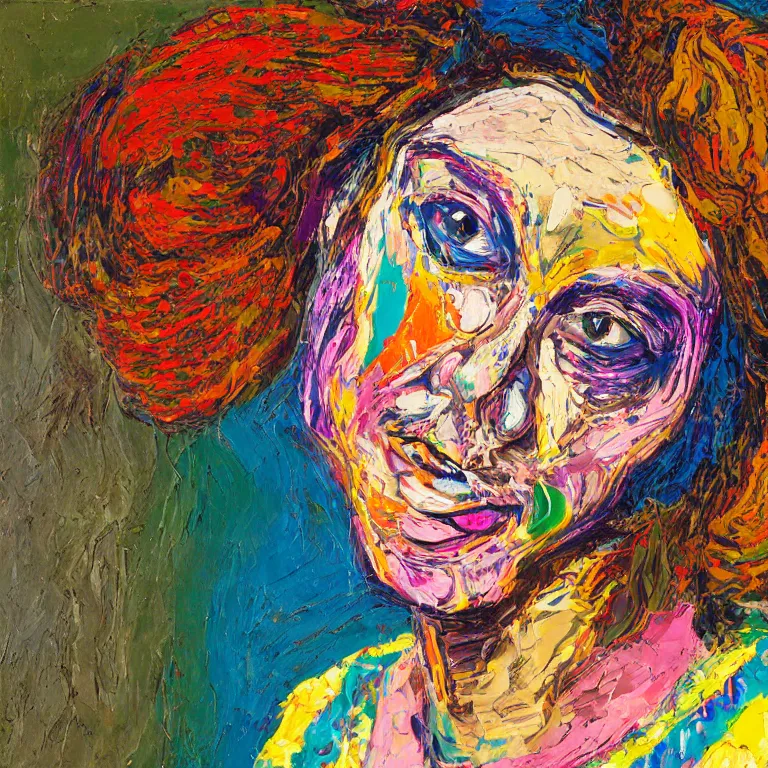 Prompt: close up studio portrait of lovely hippy chick symmetrical face with her hair in a patterned bandana in 1972, impasto heavy brushstrokes oil painting by Lucian Freud and Tim Hawkinson and Cy Twombly, Intense colors trending on artstation dramatic lighting Expressionism