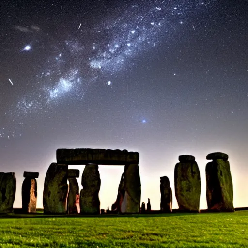 Prompt: 8 hrs shot over 3 nights of the perseid meteor shower over stonehenge