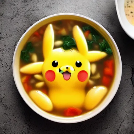 Image similar to hyperrealistic photo of a bowl of soup made of pikachu shaped pasta