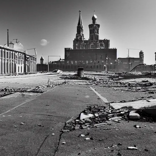 Image similar to A photo of post-apocalyptic Kremlin after the nuclear explosion in Moscow, 4k