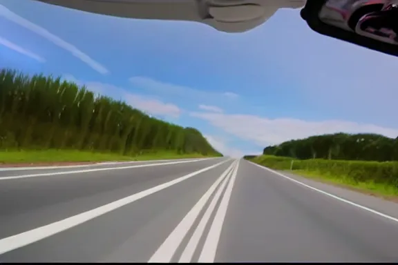 Prompt: dash cam footage of a car flying in the air