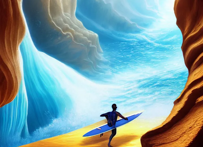 Image similar to a beautiful digital painting of a Samrurai in a white and royal blue luxurious battle suit surfing a tsunami at Antelope Canyon on a chic surfboard at Pamukkale, thermal waters flowing down gold travertine terraces by greg rutkowski, award winning photo, trending on artstation, highly detailed, unreal engine, octane render