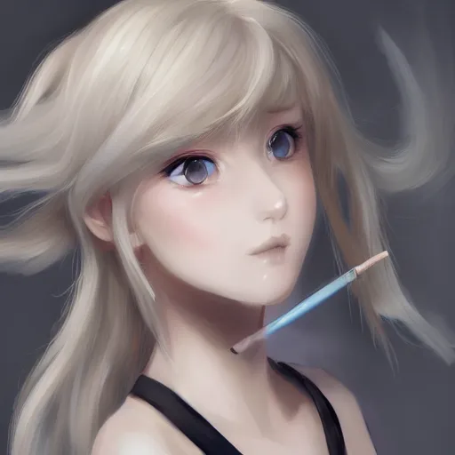 Image similar to full headshot portrait of blond girl with gray eyes draws a brush, drawn by wlop, by avetetsuya studios, attractive character, colored sketch anime manga panel, cirno from touhou, trending on artstation