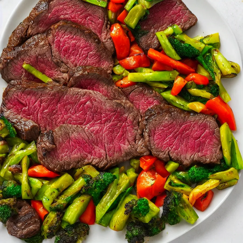 Image similar to a plate of perfectly cooked wagyu steak and vegetables