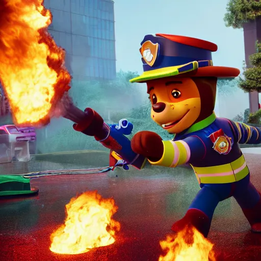 Prompt: marshall using a water hose to extinguish the burning paw patrol base, movie poster, intricate detail, 8 k, trending on artstation, octane render