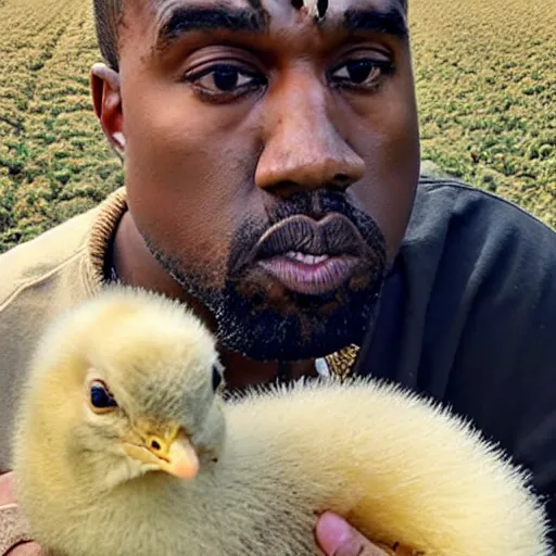 Image similar to kanye west in a farm holding up a baby chick extremely close to the camera, almost touching the lens. photograph extremely close wide - angle lens