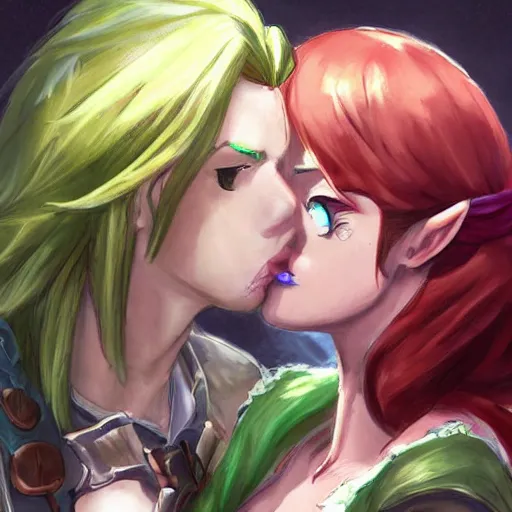 Image similar to female link and malon kissing, concept art, highly detailed