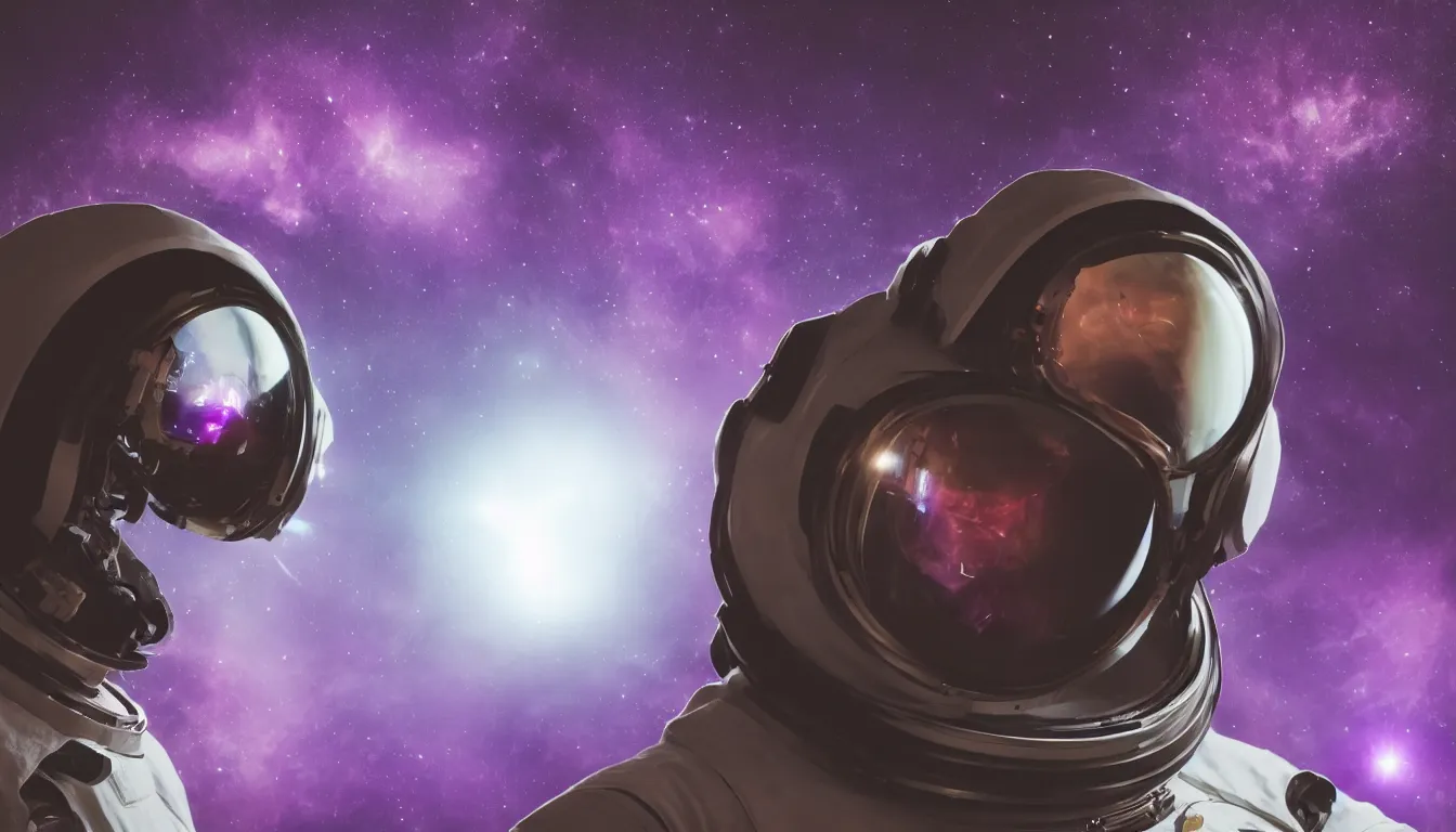Prompt: photorealistic scene of one cyberpunk astronaut helmet with light reflection looking at space with purple cosmos background, extremely close shot, 8k, cinematic, epic