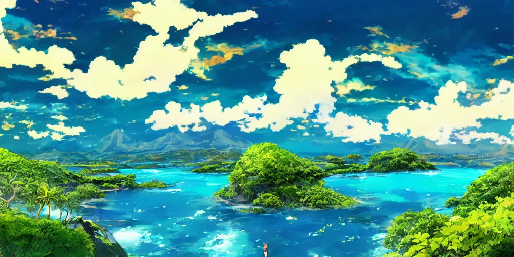 Image similar to detailed anime illustration of a beautiful hawaii landscape, ocean lagoon, breathtaking clouds by makoto shinka