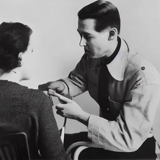 Image similar to a man sitting on a chair having his blood pressure measured by a nurse, color photograph