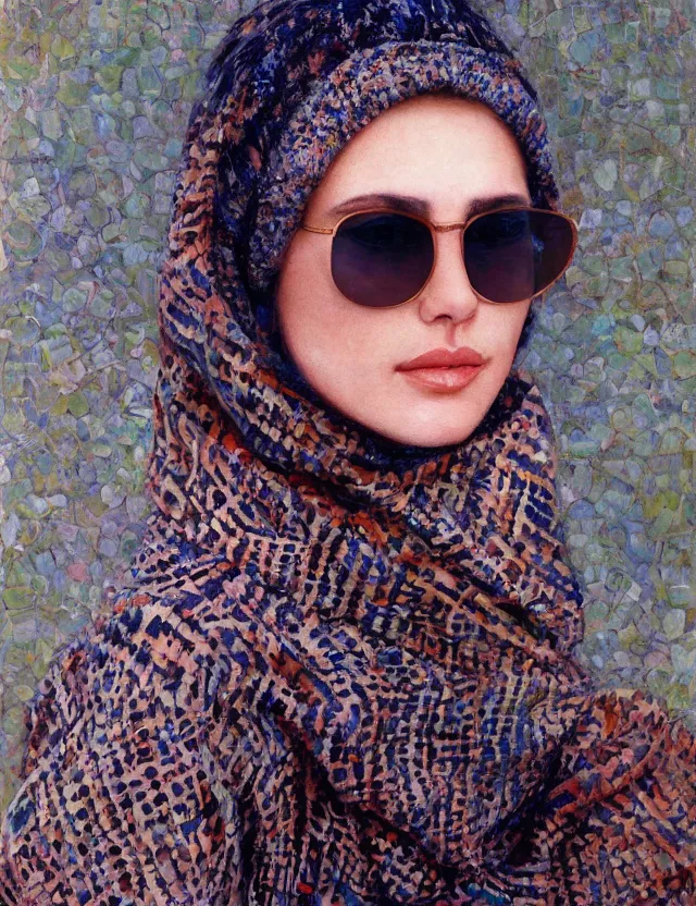 Prompt: close - up portrait of a beautiful woman wearing sunglasses and a balaclava with intricate psychodelic patterns - key lighting, soft lights, foggy, by steve hanks, by lisa yuskavage, by serov valentin, by tarkovsky, 8 k render, detailed, oil on canvas