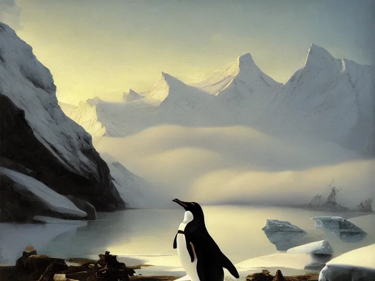 Prompt: an oil painting of a penguin and a misty glacier at dawn. by tuomas korpi and carl spitzweg. baroque elements. intricate artwork by caravaggio. oil painting. oil on canvas. award winning. dramatic. trending on artstation. 8 k