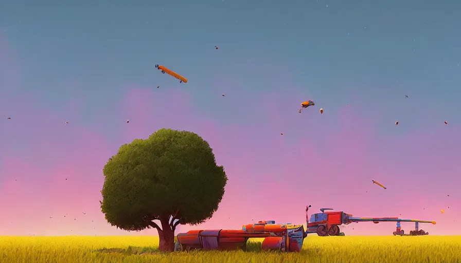 Image similar to colourful sky, wheat field, futuristic harvesters, big tree, matte painting, art station, digital art, simon stalenhag