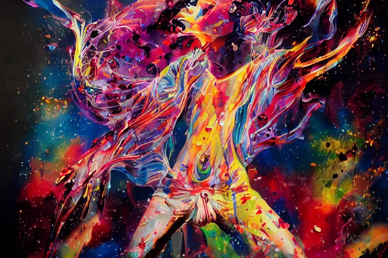 Image similar to a splattered action painting showing aladdin sane, ultradetailed, fine art painting, peter mohrbacher, moebius, aladdin sane, frottage, watercolor, acrylic, multilayered paint, spectacular splatter explosion, psychedelic art
