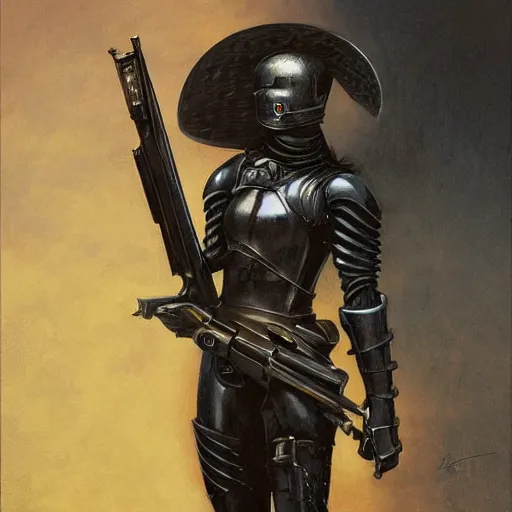 Image similar to portrait of a female knight with a shotgun, by gerald brom