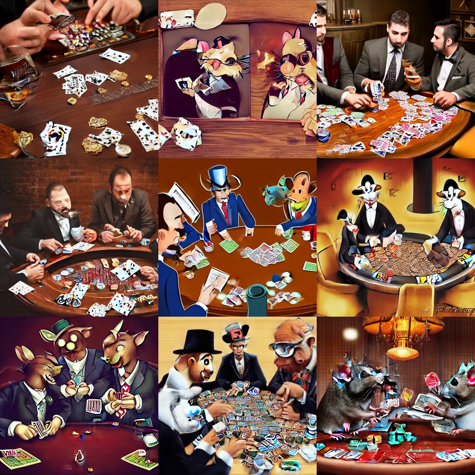 Prompt: 3 sharp dressed rats playing poker, cards, cigars, smoke, whiskey, moody