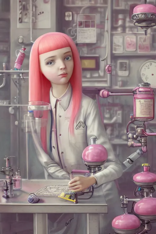 Image similar to highly detailed, industrial photography, profile photo of adult princess bubblegum from adventure time, detailed and intricate environment, working in her science lab, wearing lab coat, long bubblegum hair, long straight bangs, confident, beautiful, attractive, illustration concept art by nicoletta ceccoli, mark ryden, lostfish, 8 k resolution, hyperrealistic, octane render