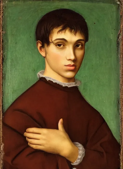 Image similar to a Spanish teenage boy with dark hair and green eyes, sharp jawline with a light beard, done in the style of a renaissance royal portrait