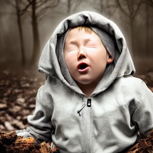 Image similar to Realistic Cute Marshmallow kid crying in the raining forest sitting on a rock, sad, cloudy, rainy, movie shot, studio shot, studio lighting, 8k