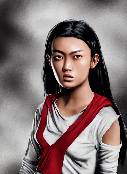 Image similar to An epic fantasy comic book style portrait painting of a young Malaysian Asian woman, expressive, dark piercing eyes, tomboy, pug-faced, pouting, tan skin, beautiful futuristic hairstyle, black and white striped tank top with long sleeves, bare midriff, unreal 5, DAZ, hyperrealistic, octane render, cosplay, RPG portrait, dynamic lighting