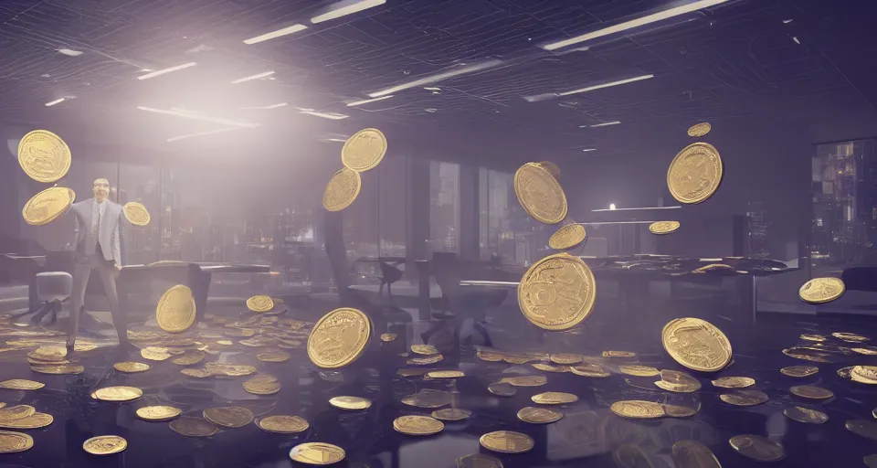 Image similar to Dramatic photo of a CEO waving to a large group of his coworkers in a futuristic office. Golden coins are levitating all around them. 8k, high detail, trending on Artstation, volumetric lighting, cyberpunk