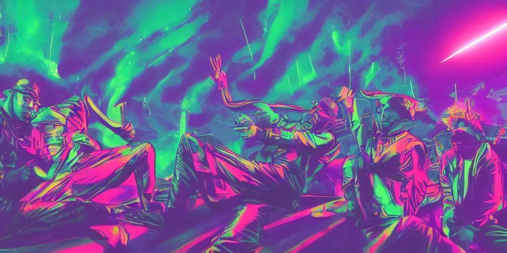 Prompt: Lightning strikes while rapper performs on stage, psychedelic light show, digital art, vapor wave, hip hop, surreal, trending on Artstation, professional artist, detailed, 4k