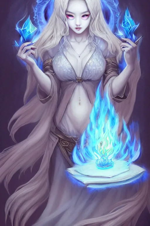 Image similar to gorgeous!!! hyper - realstic kitsune sorceress, holding a tattered magical book, casting a flame spell, blue flames, surrounded by tiny spirits | drawn by wlop, drawn by jeehyung lee, drawn by artgerm | fantasy, dark, intricate, highly detailed, digital painting, character design, concept art, illustration, artstation