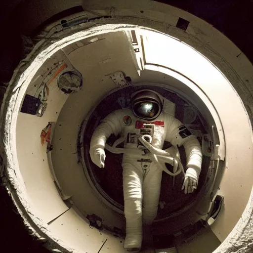 Prompt: astronaut exploring the inside of an old derelict spaceship with dark scary dramatic lighting by William Adolphe Bouguereau