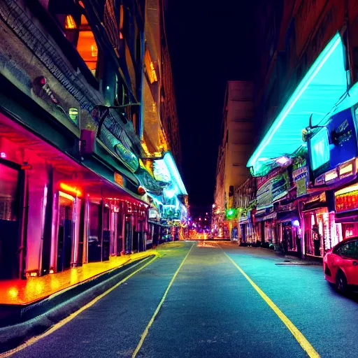 Prompt: Photograph of the city street, night time, neon, shallow depth of field