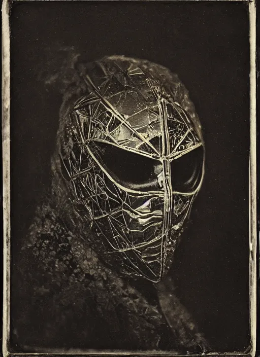 Image similar to old wetplate daguerreotype portrait of the birth of a masked dangerous super villain, explosion of data fragments, fractal, intricate, elegant, highly detailed, parallax, leica, medium format, subsurface scattering, by jheronimus bosch and greg rutkowski and louis jacques mande daguerre