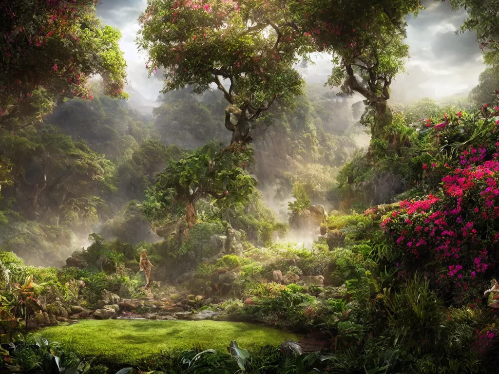 Prompt: the garden of eden, realistic 8 k professional photography, midday lighting, defiant, octane, volumetric lighting, 7 0 mm,