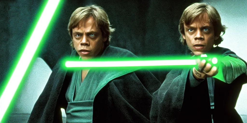 Image similar to a still from a film featuring mark hamill as jedi master luke skywalker, holding a green lightsaber by the hilt, looking scared, 3 5 mm, directed by steven spielberg, 1 9 9 4