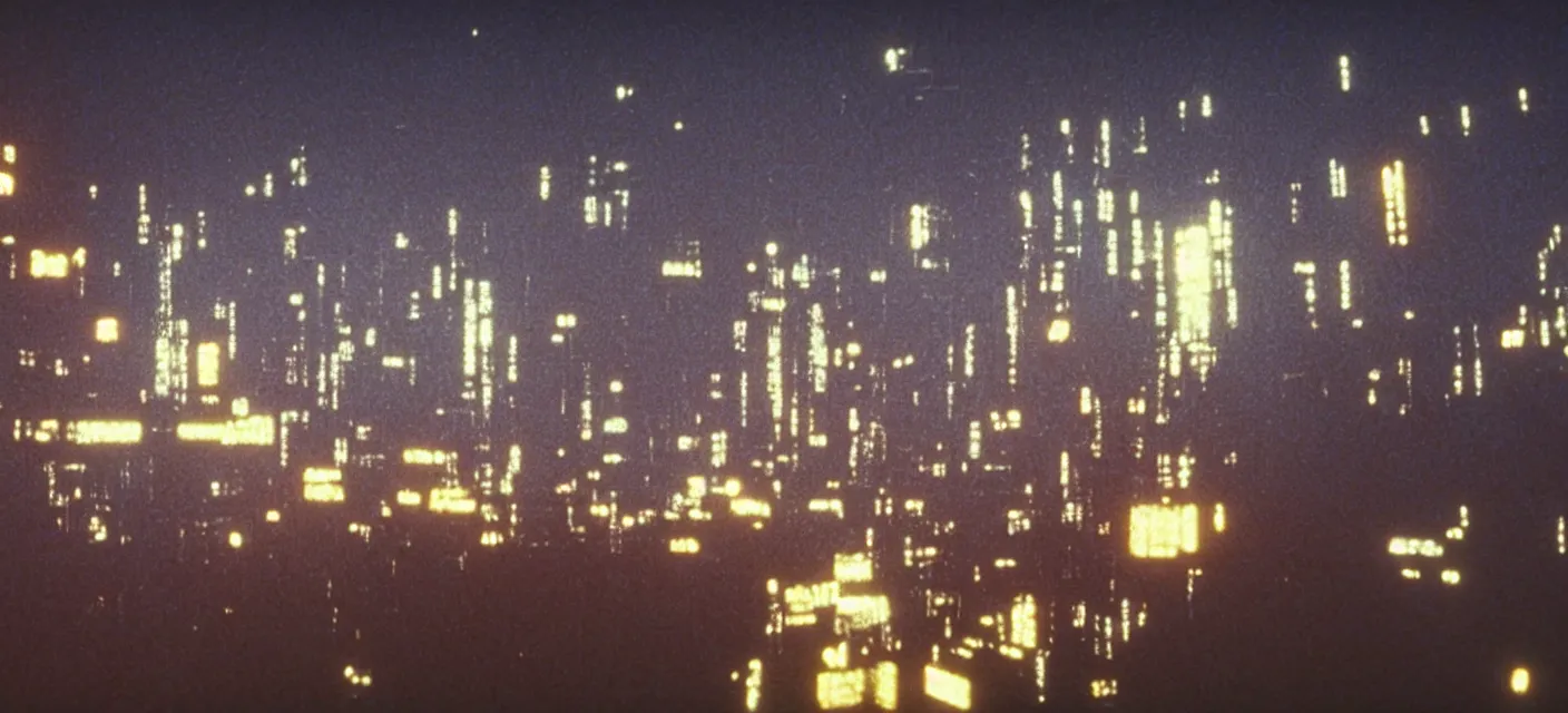 Prompt: A still of C-beams glittering in the dark near the Tannhäuser Gate, from Blade Runner (1982), Super Panavision 70