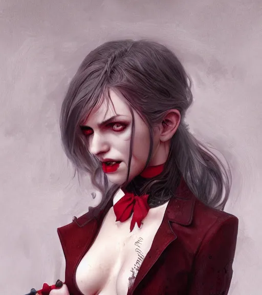 Image similar to a vampire girl, bloody mouth, grey hair, red necktie, cinematic, stunning, highly detailed, digital painting, artstation, smooth, hard focus, full body shot, illustration, art by artgerm and greg rutkowski and alphonse mucha