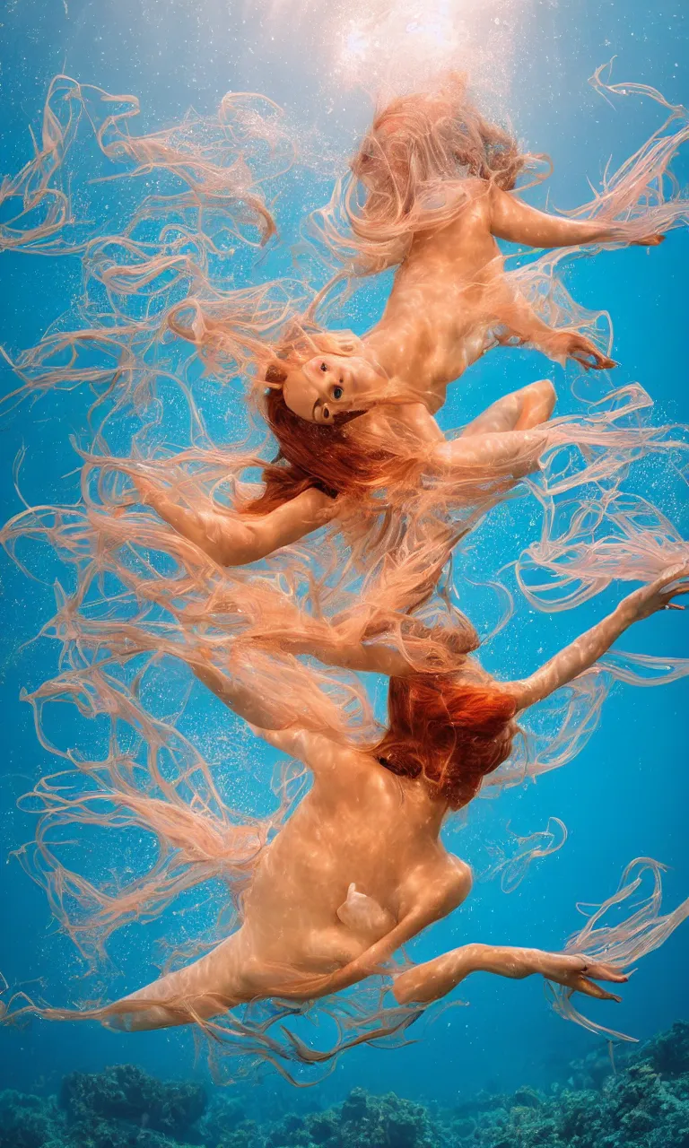 Image similar to surrealistic mermaid, half fish half woman , woman with fish head, diving in the air rounded by jelly clouds made by national geographic underwater photographer 4k, 8k,