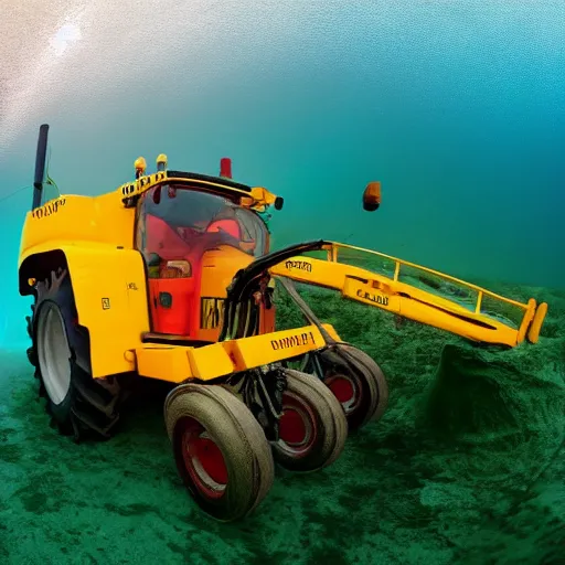 Image similar to wide angle ultrawide shot backlit tractor ploughing the seabed underwater photo on gopro, moody colours