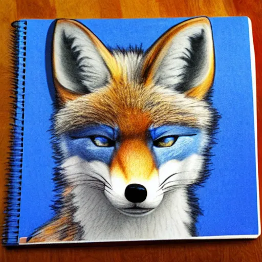 Prompt: high quality colored pencil sketch portrait of an anthro furry fursona blue fox, handsome eyes, sketch doodles surrounding it, photo of notebook sketch