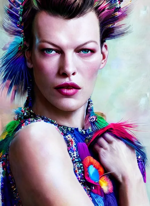Prompt: beautiful portrait of Milla Jovovich wearing fantastic Hand-dyed cotton dress,embellished beaded feather decorative fringe knots ,colorful pigtail,subtropical flowers and plants,dramatic,symmetrical face,intricate,elegant,highly detailed,8k,post-processing,digital painting,trending on pinterest, GUCCI,PRADA,concept art, sharp focus, illustration, by artgerm,Tom Bagshaw,Lawrence Alma-Tadema,greg rutkowski,alphonse Mucha