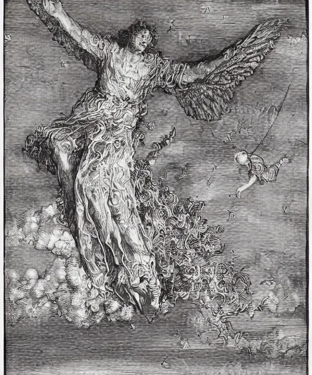 Image similar to silhouette of angel falling from heaven, art by james o barr and albrecht durer and gustave dore, woodblock print, engraved, black and white, vector, vector art