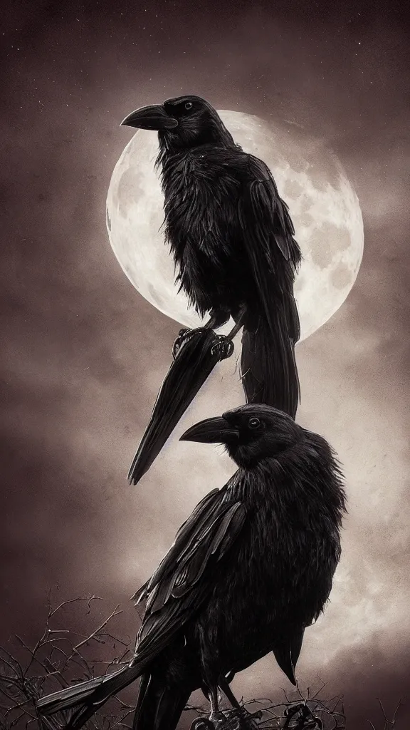 Image similar to portrait, a crow in front of the full big moon, book cover, red white and black colors, establishing shot, extremly high detail, foto realistic, cinematic lighting, by Yoshitaka Amano, Ruan Jia, Kentaro Miura, Artgerm, post processed, concept art, artstation, matte painting, style by eddie mendoza, raphael lacoste, alex ross