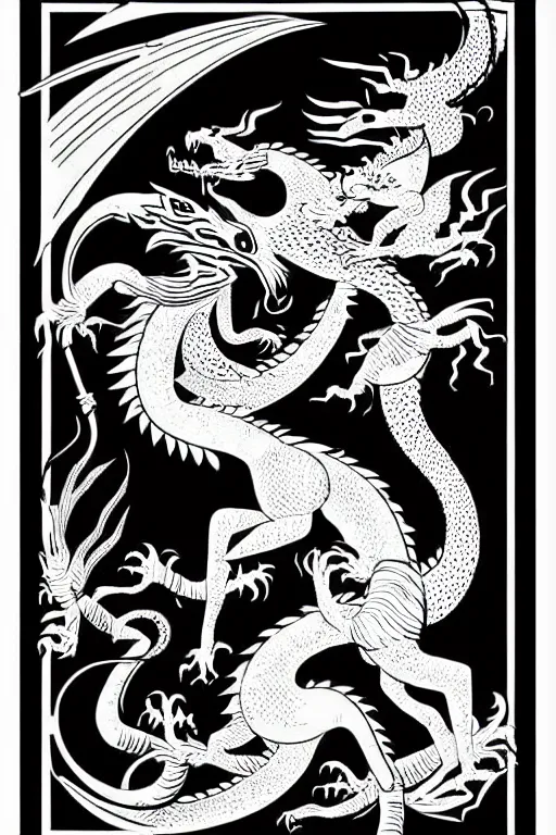 Image similar to art deco woman killing a dragon art by james o barr and albrecht durer, surreal woodblock print, black and white, vector, vector art