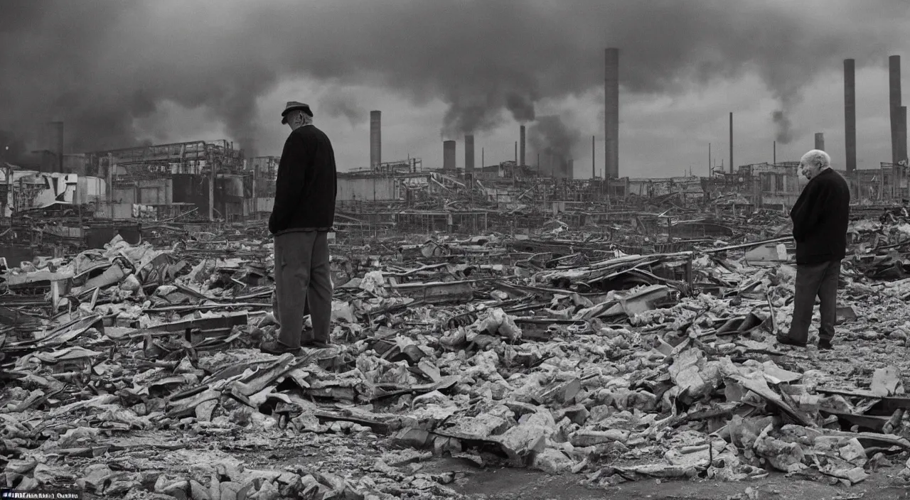 Prompt: a sad old man looks on as in the distance a factory he used to work in is destroyed